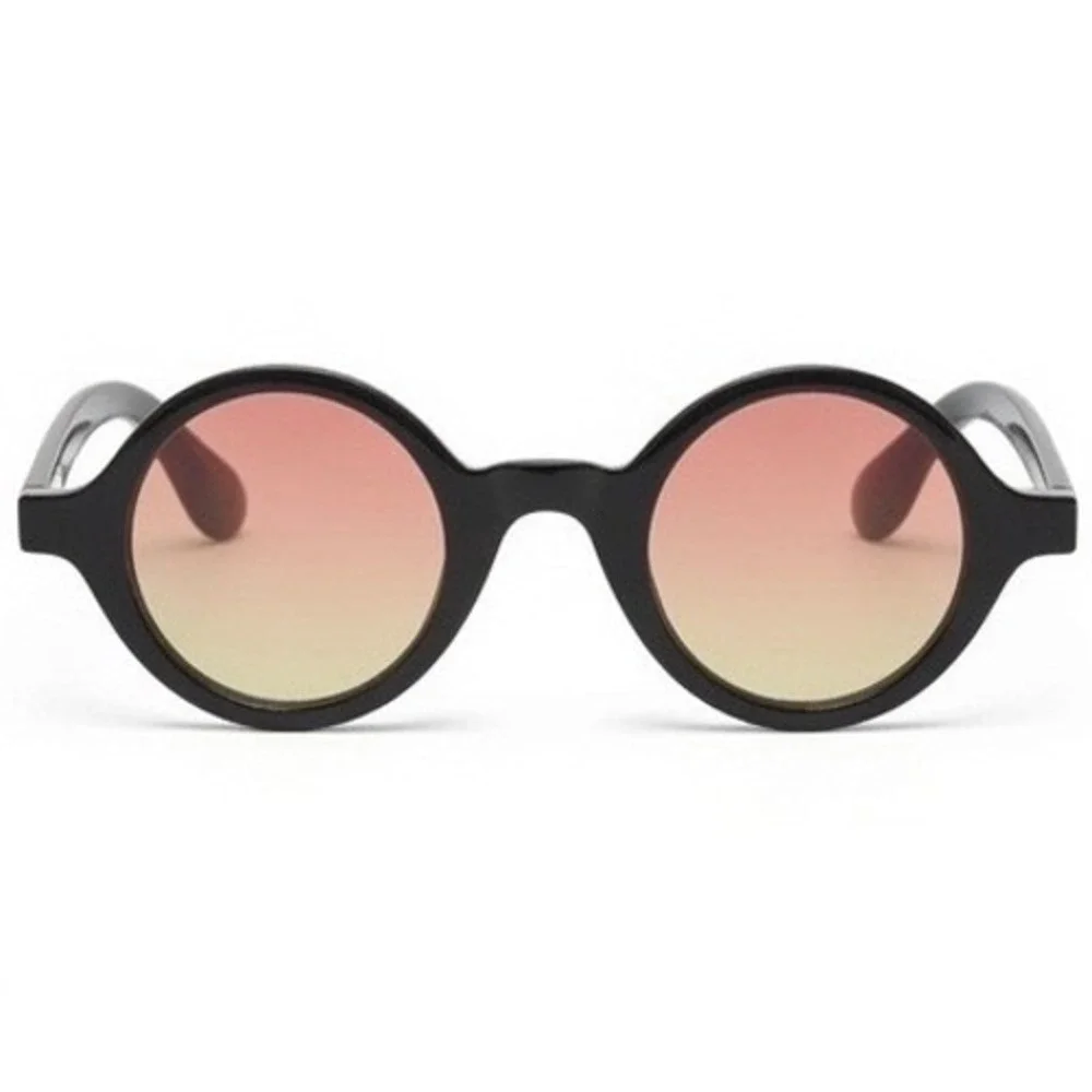 Mens Retro Round Sunglasses Black Frame Orange Yellow Lens Circular Shade Trendy